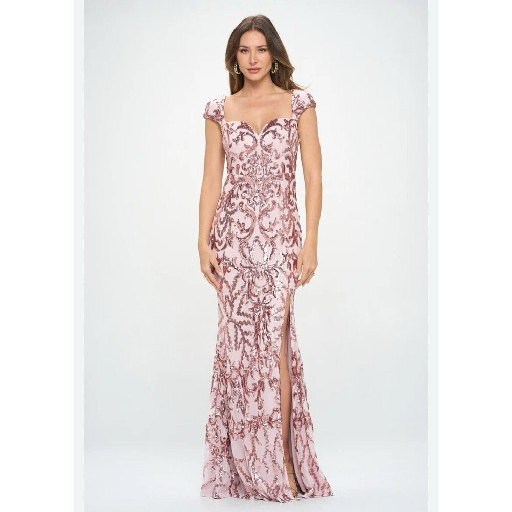 Ricarica Sequin Long Evening Maxi Formal Dress Women's L Beige Nude Elegant